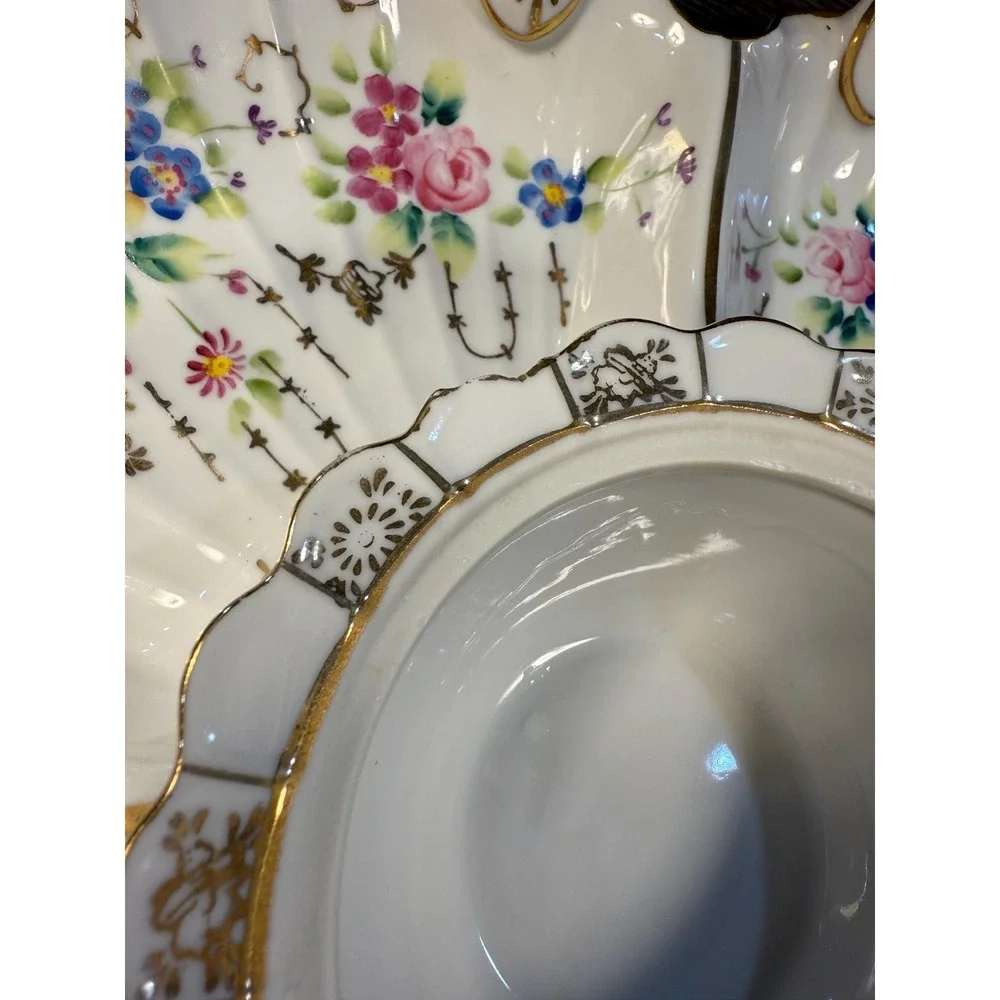 Antique Dresden Porcelain Relish Dish: Hand-Painted‎ Roses, Gilded Handles